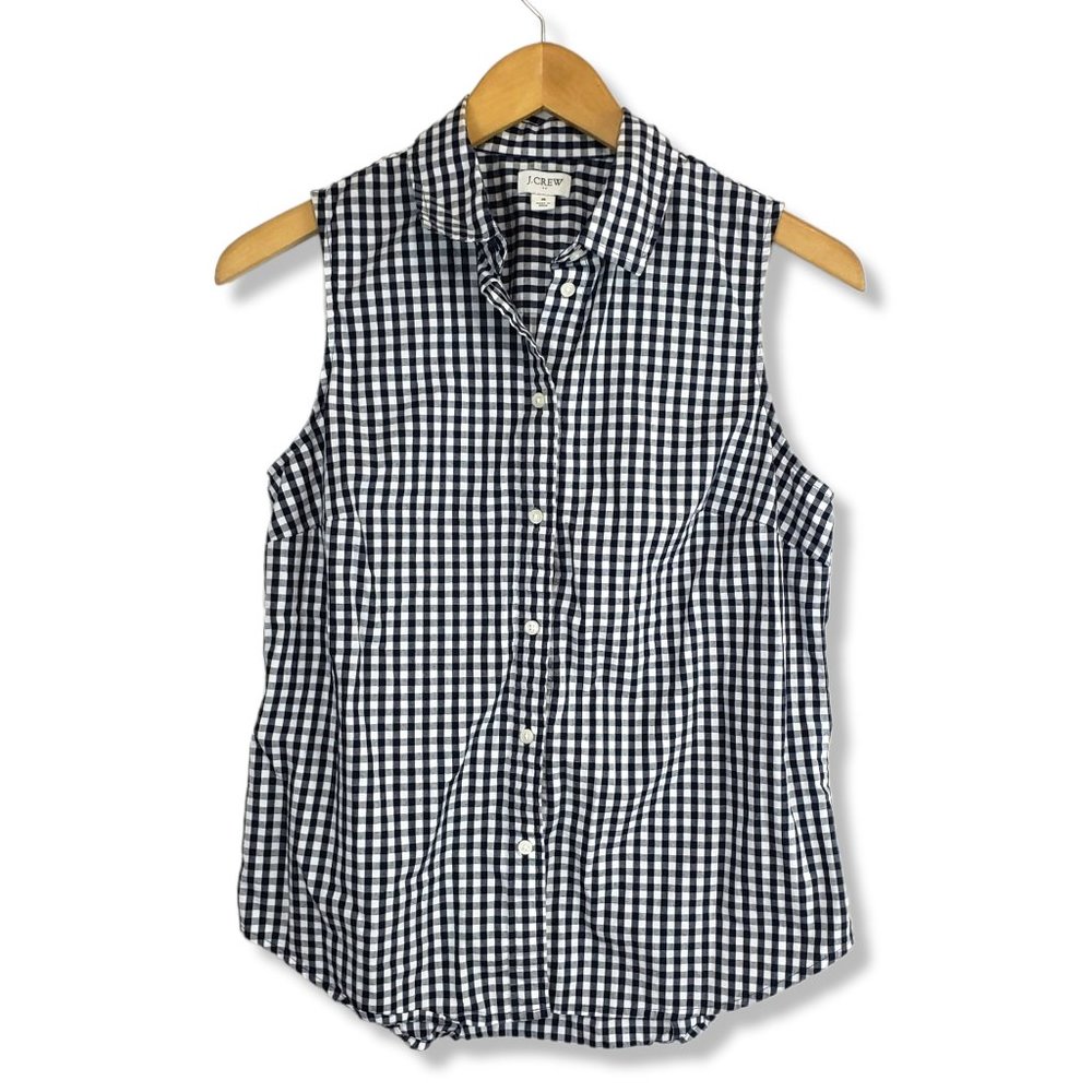 J. Crew Navy and White Checkered Sleeve-less Button-up Top Size Small